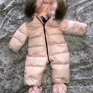 SAM Pink Puffer Snowsuit with Fur Trim